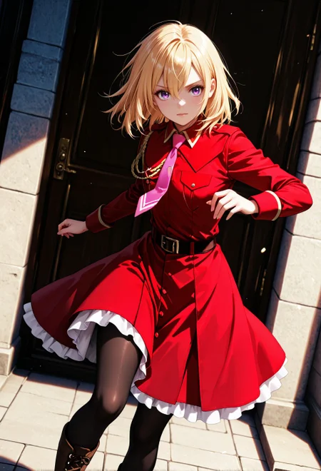 <lora:Jill Savelle:0.9>, CDE_JE,purple eyes,medium hair,blonde hair,hair between eyes, black pantyhose,pink necktie,red dress,cross-laced footwear,belt,military uniform,
general, dutch angle, from front,, dynamic pose,
masterpiece, best quality, absurdres, highres, very aesthetic, high quality, detailed, insanely detailed, beautiful,
(photo background:0.3), depth of field,
<lora:noobai_vpred_1_masterpieces_v1:1>, very awa,
<lora:noob1.1-lineart_adjust1-mki:-0.5>,
<lora:IllustriousTweakerLora_v4-detail_1457119:0.8>, <lora:LECO_StickClotch:1.5>, <lora:LECO_Particles:1>,