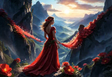 butifl girl, the scarlet flower glows, mountains, magical light,