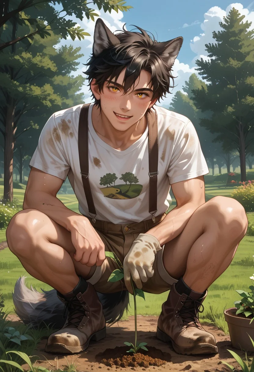 Score_9, Score_8, Score_7, masterpiece, best quality, amazing quality, very aesthetic, absurdres, extremely detailed, newest, volumetric lighting, source_anime, uncensored, (high quality:1.2), (best quality:1.2), newest, sharp focus, ultra-detailed, realistic, dynamic shot, cowboy shot, 1boy, Ak3ru, wolf boy, wolf ears, wolf tail with white tip, amber eyes, black hair, twink, animal ear fluff, male focus, (detailed eyes), blush, toned male, looking at viewer, casual, graphic t-shirt, cream shorts, squatting, gardening, digging soil, low angle, grass, tree, field, cloud, mouth open, panting, sweating, suspenders, ((dirty)), gardening gloves, smile, happy, affectionate, boots, dirt on body, dirt on skin, dirt on clothes, warm light, golden hour