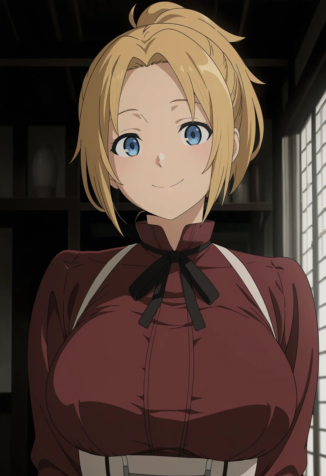 1girl,solo,mm,mature female,blonde hair,blue eyes,ponytail,large breasts,anime coloring,
red shirt,ribbon,upper body,looking at viewer, smile,indoors
,masterpiece,best quality,amazing quality,<lora:Zenith_Greyrat-Mushoku_Tensei_ix:0.8>