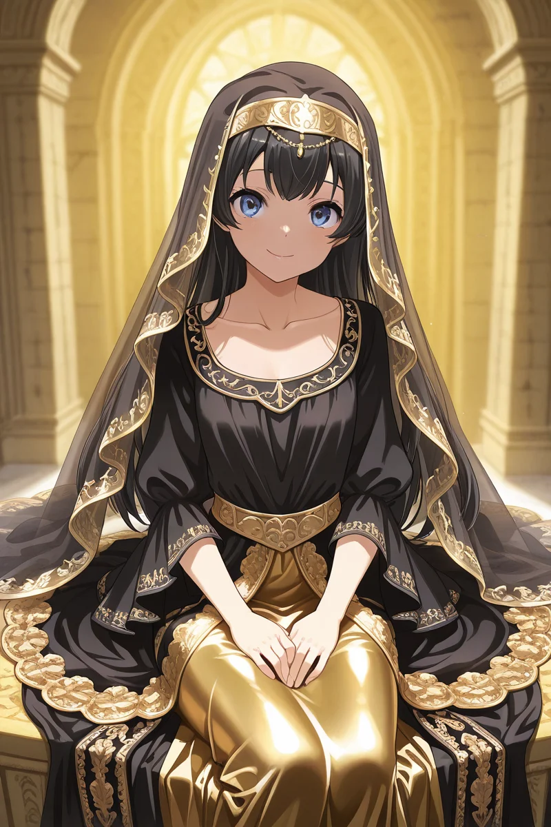 masterpiece, best quality, amazing quality,
 <lora:Hikari_IL:1> hikari, 1girl, long hair, blue eyes, solo, black hair, dress, veil, smile, looking at viewer, collarbone, black dress, gold skirt, sitting, renaissance, yellow backing,