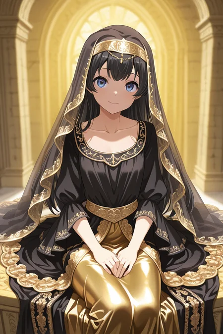 masterpiece, best quality, amazing quality,
 <lora:Hikari_IL:1> hikari, 1girl, long hair, blue eyes, solo, black hair, dress, veil, smile, looking at viewer, collarbone, black dress, gold skirt, sitting, renaissance, yellow backing,