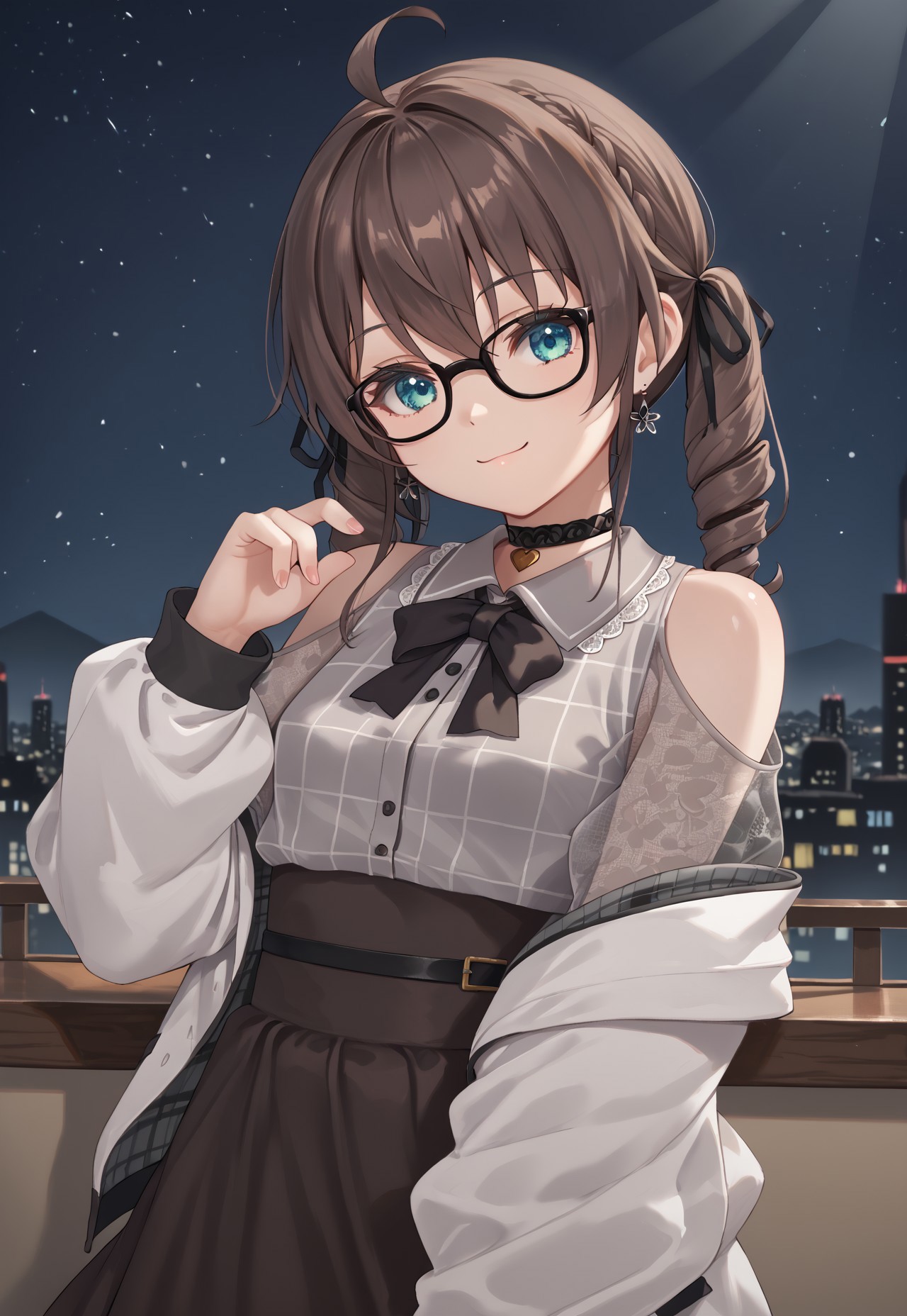 1girl, solo, solo focus, highres, absurdres, MatsuriMineGirl, brown hair, bangs, grey shirt, ahoge, twintails, black ribbon, black choker, hair between eyes, hair ribbon, brown skirt, shoulder cutout, collared shirt, flower earrings, black bowtie, blue eyes, white jacket, see-through sleeves, lace sleeves, plaid shirt, high-waist skirt, puffy short sleeves, medium hair, open jacket, small breasts, long sleeves, drill hair, black-framed eyewear, braid,

looking at viewer, evil smile, closed mouth, head tilt, hand up,

indoor, cityscape, neon lights, window, dark, night, night sky, 

light particles, backlighting, shade, light rays, lens flare, shiny skin, fine fabric emphasis,