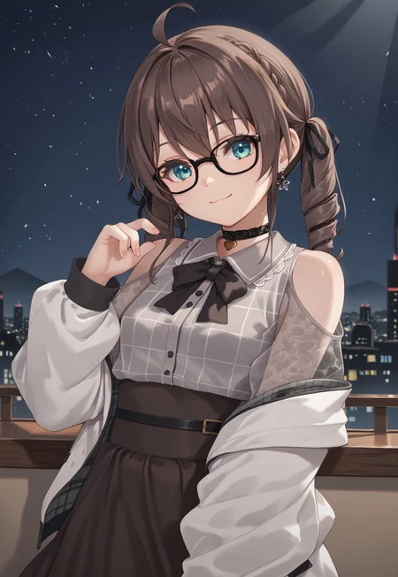 1girl, solo, solo focus, highres, absurdres, MatsuriMineGirl, brown hair, bangs, grey shirt, ahoge, twintails, black ribbon, black choker, hair between eyes, hair ribbon, brown skirt, shoulder cutout, collared shirt, flower earrings, black bowtie, blue eyes, white jacket, see-through sleeves, lace sleeves, plaid shirt, high-waist skirt, puffy short sleeves, medium hair, open jacket, small breasts, long sleeves, drill hair, black-framed eyewear, braid,

looking at viewer, evil smile, closed mouth, head tilt, hand up,

indoor, cityscape, neon lights, window, dark, night, night sky, 

light particles, backlighting, shade, light rays, lens flare, shiny skin, fine fabric emphasis,