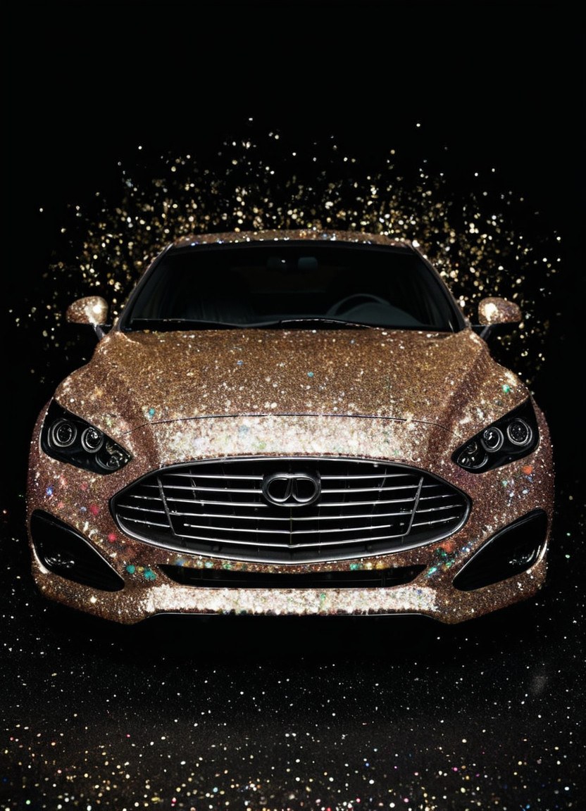 photo of a car with GlitterStyle, makeup, black background, 
 <lora:GlitterStyle_sdxl:0.8>