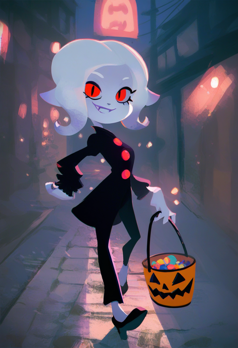 score_9, score_8_up, score_7_up, BREAK,
1girl, octoling girl, solo, halloween, vampire costume, smile, night sky, pale skin, white hair, red eyes, residential street, purple tones, candy bucket, pants <lora:SplatoonXLLocon:1>
