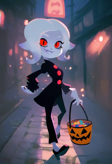 score_9, score_8_up, score_7_up, BREAK,
1girl, octoling girl, solo, halloween, vampire costume, smile, night sky, pale skin, white hair, red eyes, residential street, purple tones, candy bucket, pants <lora:SplatoonXLLocon:1>