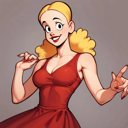 score_9, score_8_up, score_7_up BREAK solo, Palomita, 1girl, blonde hair, black eyes, lipstick, red dress, smiling at viewer,