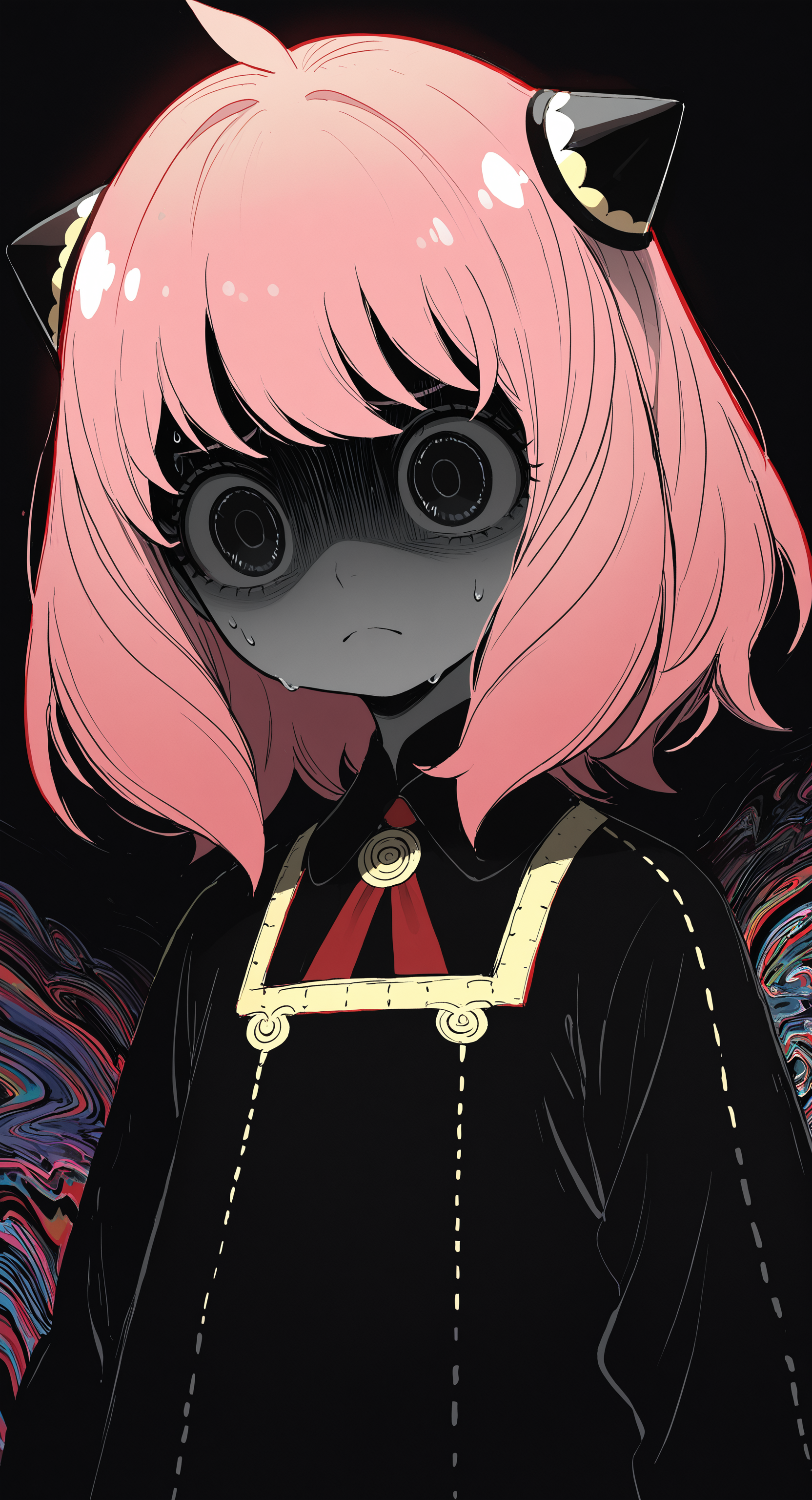 masterpiece, best quality, good quality, very awa, newest, highres, absurdres, anya \(spy x family\), 
1girl, solo, dress, closed mouth, pink hair, sweat, black dress, black eyes, frown, portrait, shaded face, child, meme, nervous sweating, hairpods, limited palette, sketch, glowing, psychedelic, <lora:illustriousXL_stabilizer_v1.23:0.3> <lora:NOOB_vp1_detailer_by_volnovik_v1:0.3> <lora:ponyv6_noobE11_2_adamW-000017:0.3> <lora:114558v4df2fsdf5:1> <lora:mon_monmon2133:0.6>
