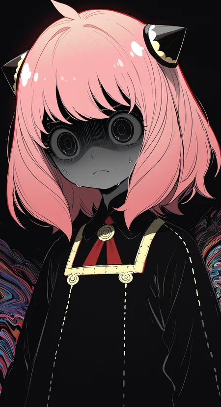 masterpiece, best quality, good quality, very awa, newest, highres, absurdres, anya \(spy x family\), 
1girl, solo, dress, closed mouth, pink hair, sweat, black dress, black eyes, frown, portrait, shaded face, child, meme, nervous sweating, hairpods, limited palette, sketch, glowing, psychedelic, <lora:illustriousXL_stabilizer_v1.23:0.3> <lora:NOOB_vp1_detailer_by_volnovik_v1:0.3> <lora:ponyv6_noobE11_2_adamW-000017:0.3> <lora:114558v4df2fsdf5:1> <lora:mon_monmon2133:0.6>