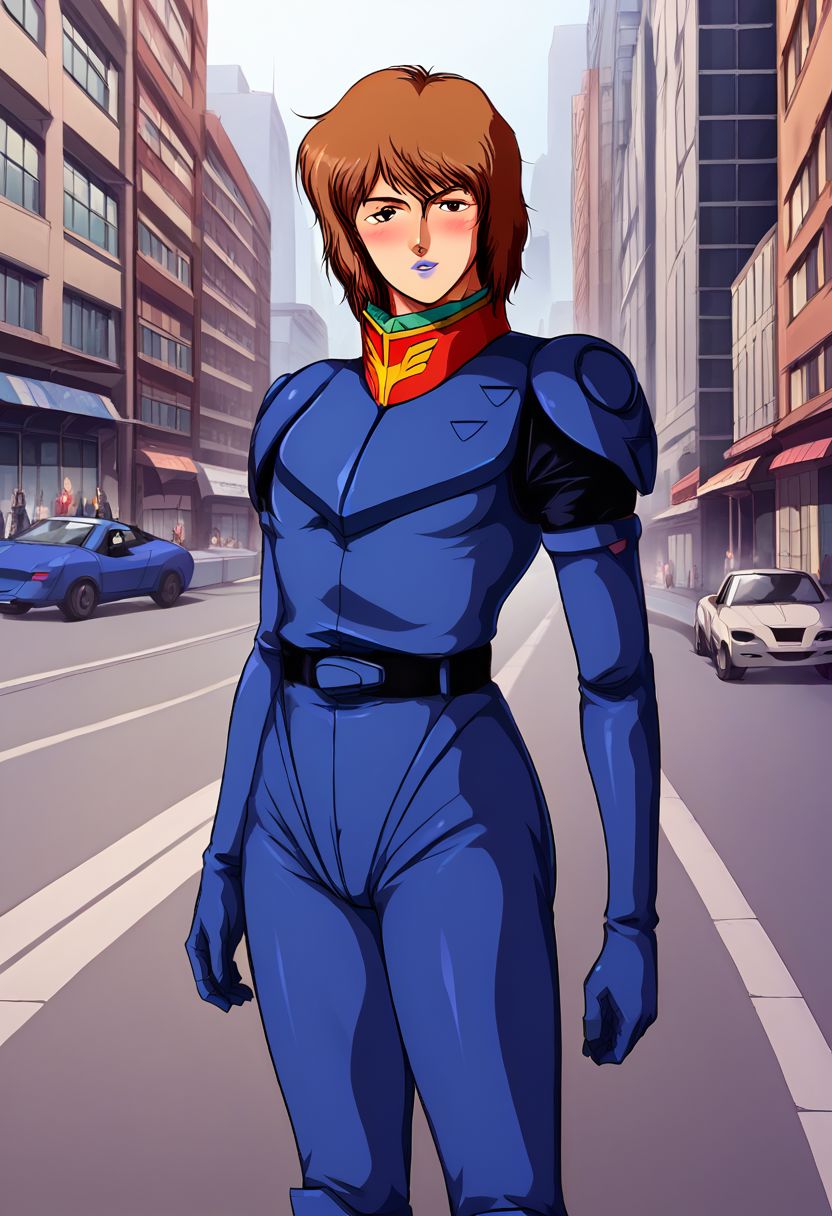 rezin schneider, brown short hair, blue lips, blue pilotsuit,solo, outdoors, street, city, buildings, blush, looking at viewer, cowboy shot, colorful, vivid