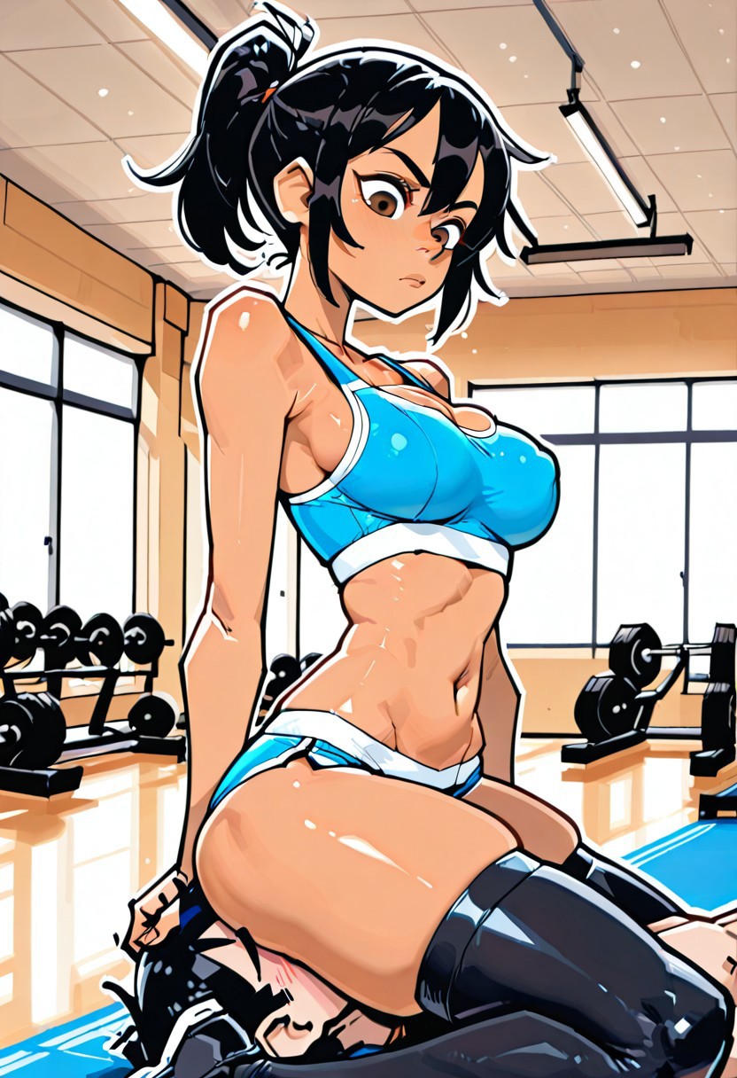 facesitting, femdom, gym, 1girl, black hair, brown eyes, medium length hair, high ponytail, tan skin, medium breasts, black legwear, blue sports bra, dominant female, skinny, skindentation, sitting on face, BREAK 1guy (faceless boy, short hair, submissive boy, casual outfit), mmarker