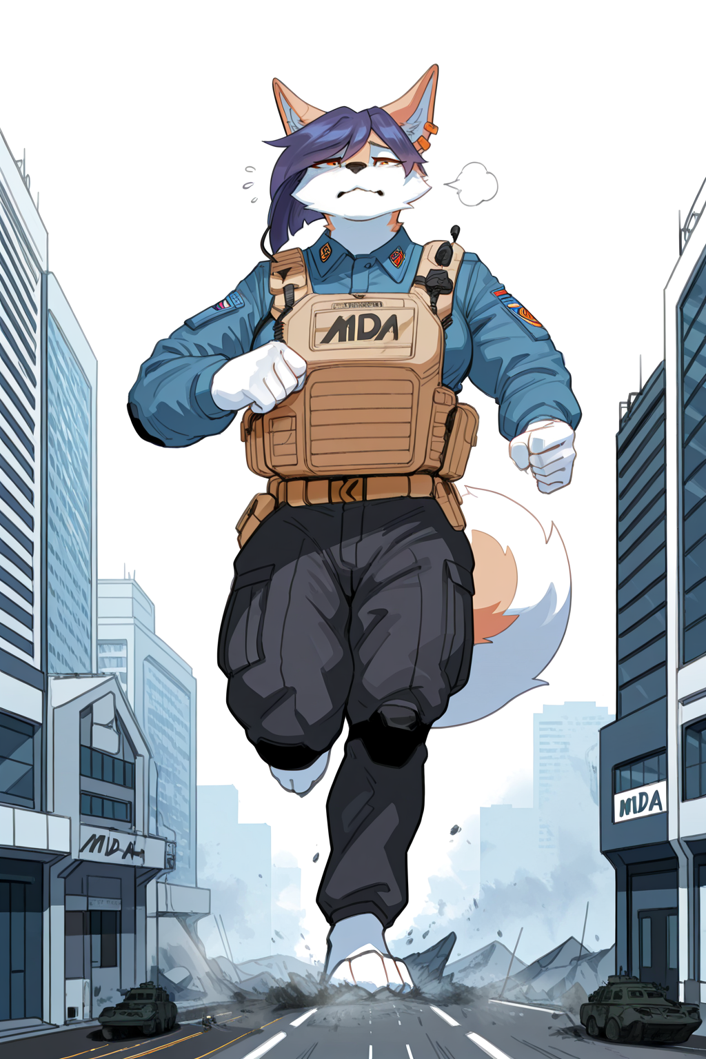 masterpiece, best quality, newest, absurdres, highres, furry, perfect anatomy, solo, korean_jindo, kirina violet, earrings, (macro:0.4), blue combat shirt, long sleeve, tan plate carrier, black combat pants, MDA patch, full body portrait, running, worried, impact, buildings, orange eyes, by pederont