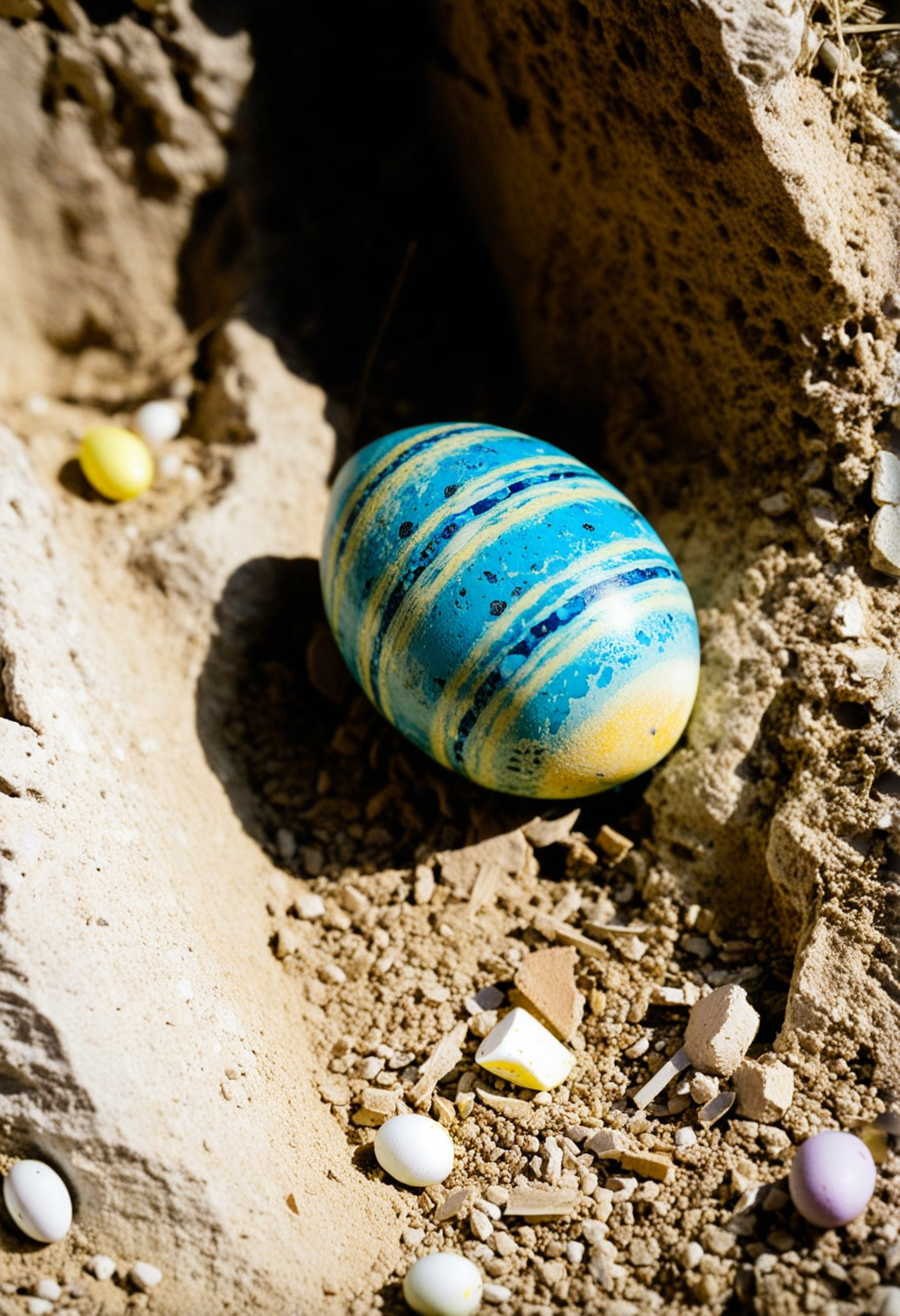 <lora:Sysdeep_EasterEgg:1>, sysdeep_easteregg, an ancient fossilized easter egg embedded in stone, discovered in an archaeological dig, dirt and bone fragments around