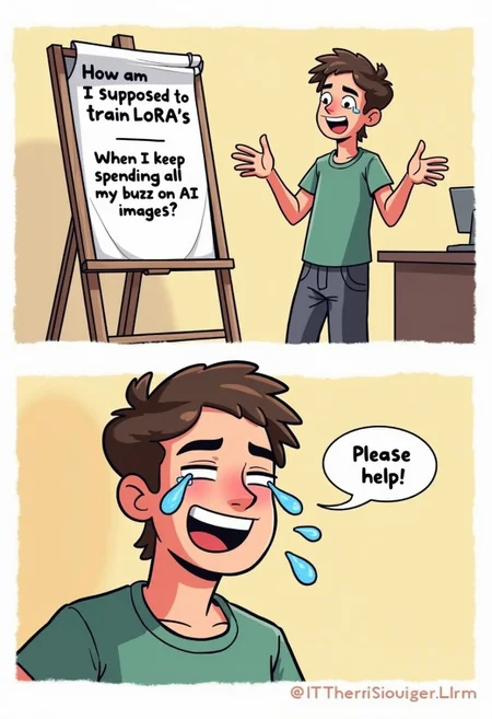 Image is a two panel cartoon.
The first panel depicts a young man is casual clothes, near a flipchart, as if he's about to start a presentation,
the flipchart displays the title of this presentation, named "How am I supposed to train LoRAs", with the subtitle "When I keep spending all my buzz on AI images?", the man is cheerful, and he's using both arms to direct the viewers to the flip chart.
The second panel is a close-up of the man's face, with the same cheerful expression, but tears are streaming from his eyes, in a comically large amount, like two waterfalls of tears. He says only "Please help", his speech in a small speech bubble, as if he's whispering.