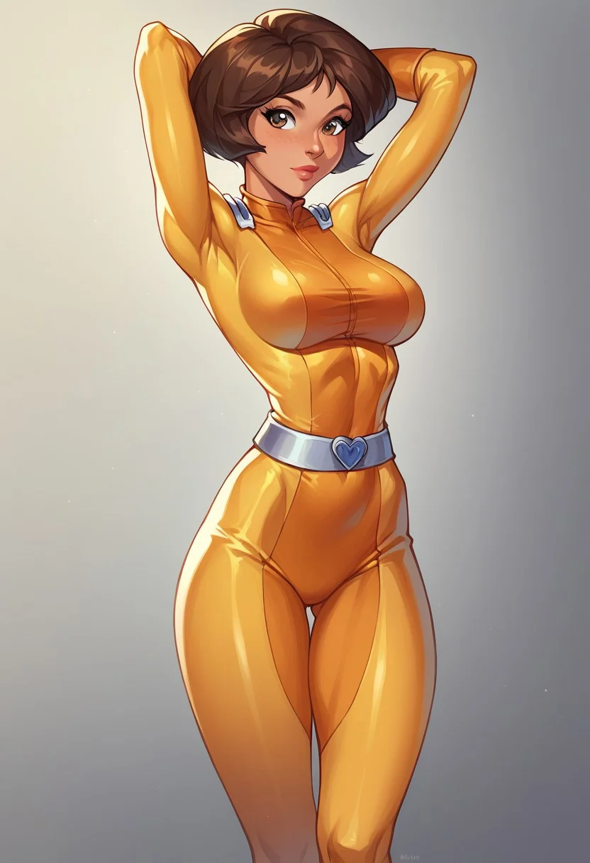 core_9, score_8_up,score_7_up, score_6_up, score_5_up, score_4_up, 1girl, alex \(totally spies\), brown eyes, brown hair,,, narrow waist, large breasts, yellow bodysuit, belt