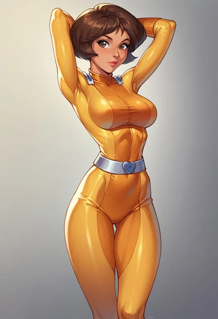 core_9, score_8_up,score_7_up, score_6_up, score_5_up, score_4_up, 1girl, alex \(totally spies\), brown eyes, brown hair,,, narrow waist, large breasts, yellow bodysuit, belt