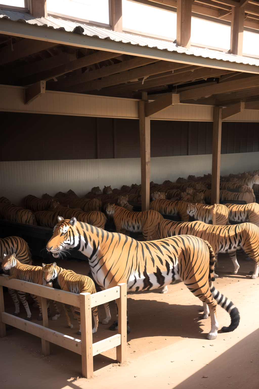 a horse corral with tigers standing in each stall
