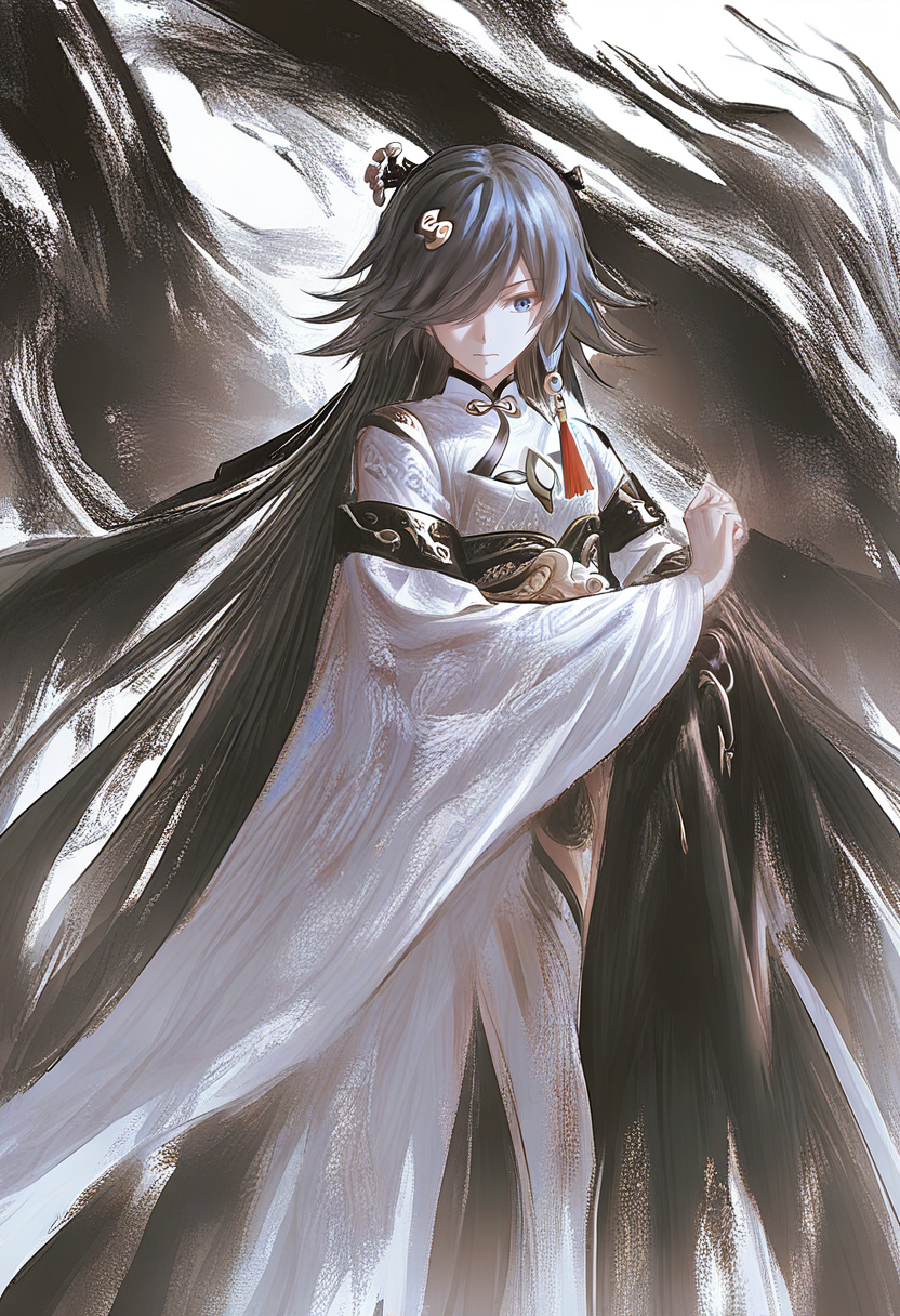 1girl, fu hua, solo, long hair, chinese clothes, blue eyes, hair over one eye, black hair, hanfu, hair ornament, closed mouth, dress, wide sleeves, long sleeves, white dress, white background, china dress <lora:YLXL_NBVP1_lokr_V6311P:0.95>