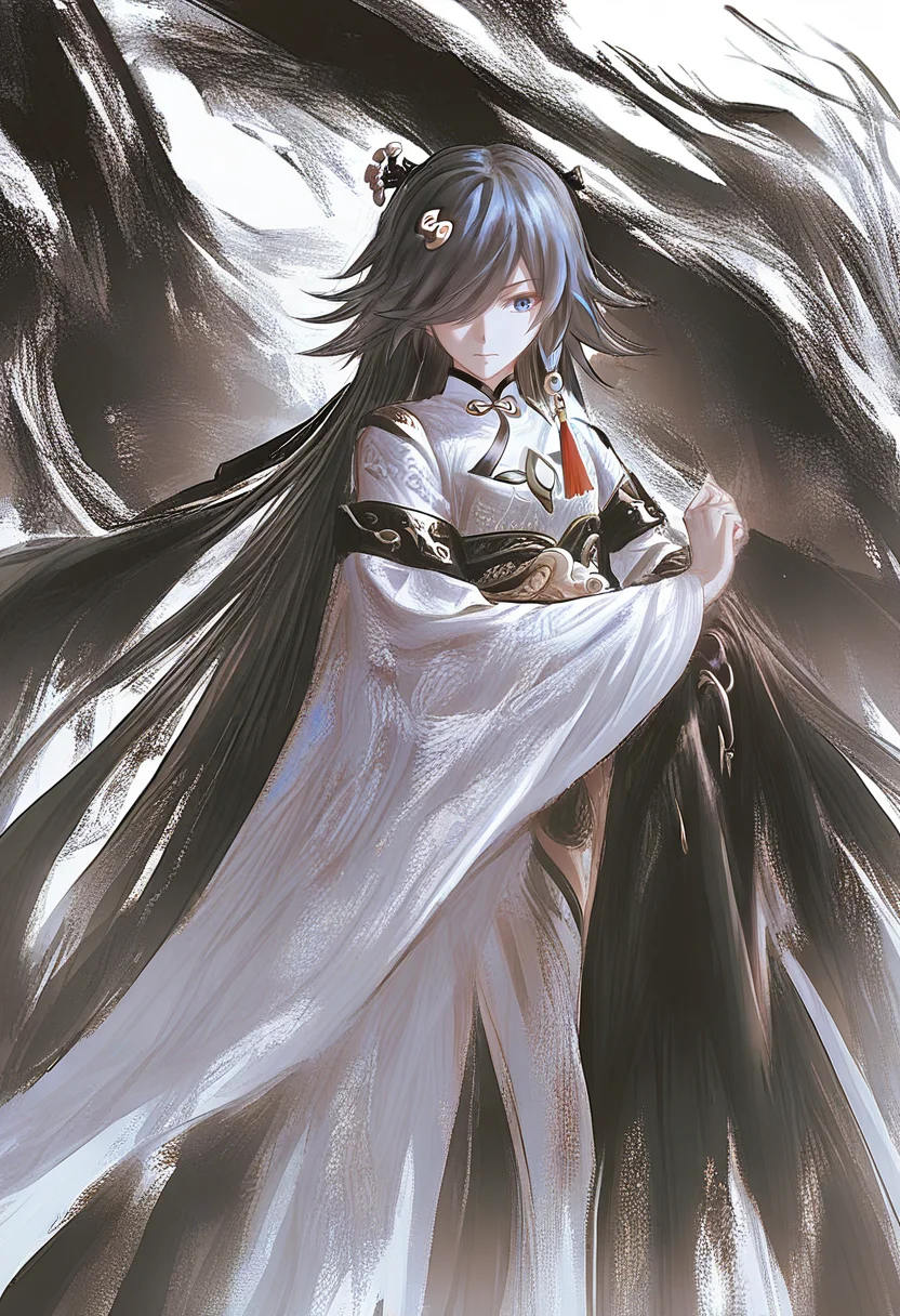 1girl, fu hua, solo, long hair, chinese clothes, blue eyes, hair over one eye, black hair, hanfu, hair ornament, closed mouth, dress, wide sleeves, long sleeves, white dress, white background, china dress <lora:YLXL_NBVP1_lokr_V6311P:0.95>