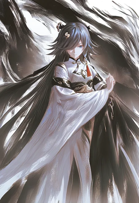 1girl, fu hua, solo, long hair, chinese clothes, blue eyes, hair over one eye, black hair, hanfu, hair ornament, closed mouth, dress, wide sleeves, long sleeves, white dress, white background, china dress <lora:YLXL_NBVP1_lokr_V6311P:0.95>