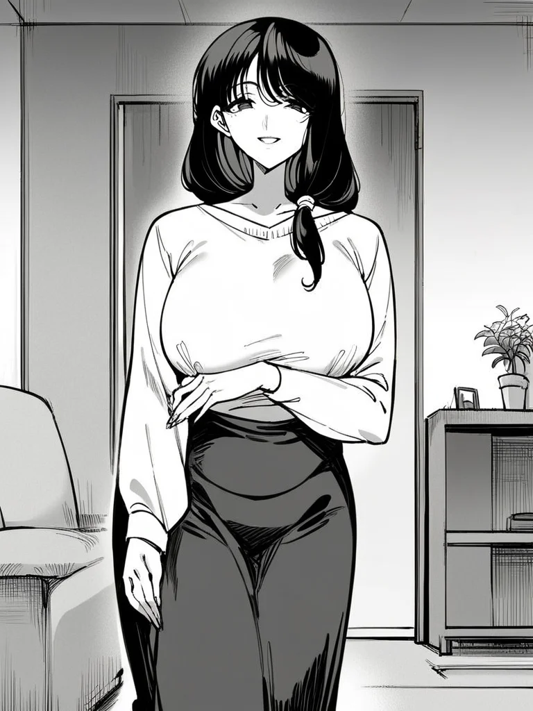 score_9, score_8_up, score_7_up,  
1girl, monochrome, kasumi kb, long hair, black hair, low-tied long hair, hair over shoulder, mature female,

standing, white sweater, long sleeves, black skirt, long skirt, smile, looking at viewer, indoors, living room,
