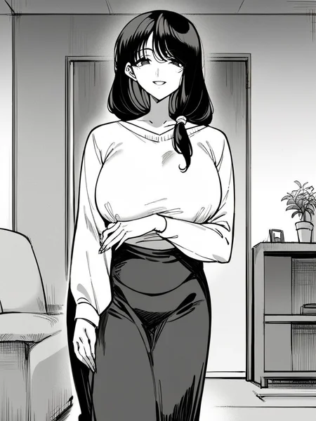 score_9, score_8_up, score_7_up,
1girl, monochrome, kasumi kb, long hair, black hair, low-tied long hair, hair over shoulder, mature female,
standing, white sweater, long sleeves, black skirt, long skirt, smile, looking at viewer, indoors, living room,