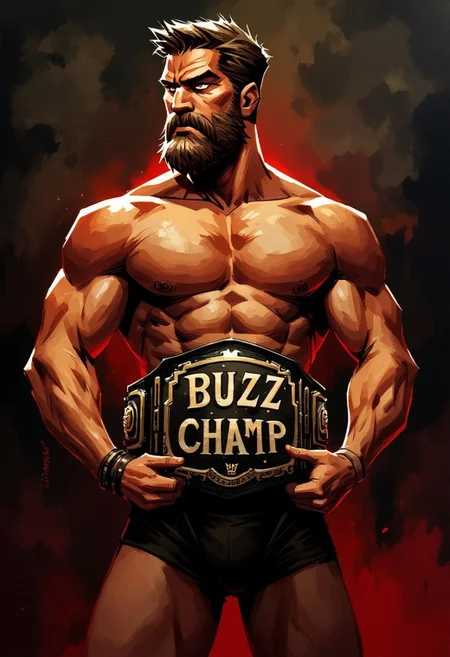 This is a highly stylized, dramatic illustration of a muscular, shirtless man with a rugged, athletic build and a thick beard, set against a dark, textured background with red and gold lighting effects. The man is positioned slightly off-center, looking to the right with a fierce, determined expression. He is holding a large, gleaming black championship belt that says: "BUZZ CHAMP", he holds it over his chest with both hands, his biceps are flexed prominently.