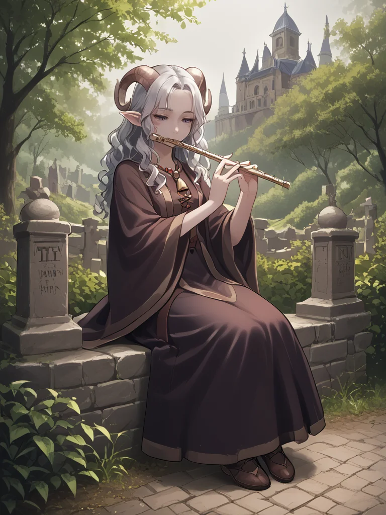 source_furry, score_7_up, rating_safe, sitting,
anime face,<lora:whisker_markings:0.8>red whisker_markings, silver long wavy hair, bell necklace, short pointy ears, purple eyes, <lora:age_slider_v4:0.6>
<lora:Smooth Style 2 SDXL_LoRA_Pony Diffusion V6 XL:0.3> full body,
<lora:Test_Diana:0.8> tiefling_bard_diana, <lora:INKxXmo shaded face:0.5> INKxXmo Dark Theme,
<lora:Graveyard:1>graveyard:1.2, day, <lora:flute:0.8> flute, holding instrument, solo, close up:0.7