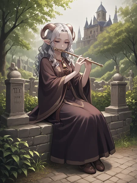 source_furry, score_7_up, rating_safe, sitting,
anime face,<lora:whisker_markings:0.8>red whisker_markings, silver long wavy hair, bell necklace, short pointy ears, purple eyes, <lora:age_slider_v4:0.6>
<lora:Smooth Style 2 SDXL_LoRA_Pony Diffusion V6 XL:0.3> full body,
<lora:Test_Diana:0.8> tiefling_bard_diana, <lora:INKxXmo shaded face:0.5> INKxXmo Dark Theme,
<lora:Graveyard:1>graveyard:1.2, day, <lora:flute:0.8> flute, holding instrument, solo, close up:0.7