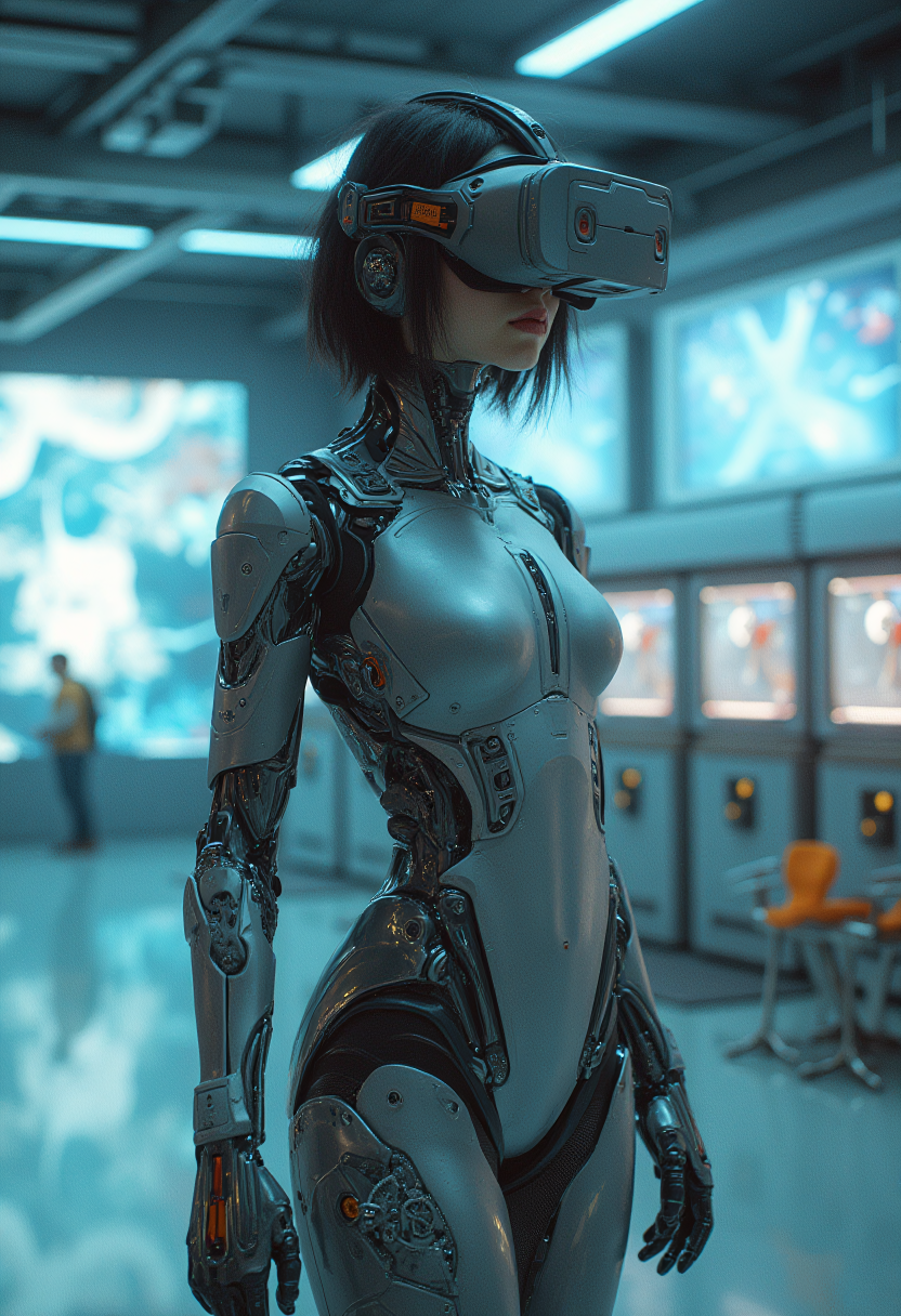 (esthetic young korean cyborg woman), wearing bodysuit, Titanium alloy bionic arms with brushed metal texture, mechanical gears visible under transparent casing, gunmetal gray color, Retrofuturistic cybernetic legs with exposed gears, brass accents, steam-punk aesthetic, cogwheel knee joints, set in  Virtual Reality Arcade, Futuristic room with floor-to-ceiling screens, VR pods with comfortable seating, charging stations for equipment, neon-colored bean bags, and a control desk with intricate consoles , covering everything below the neck, style of  Guweiz,  <lora:other/flux_realism_lora:1.0>,