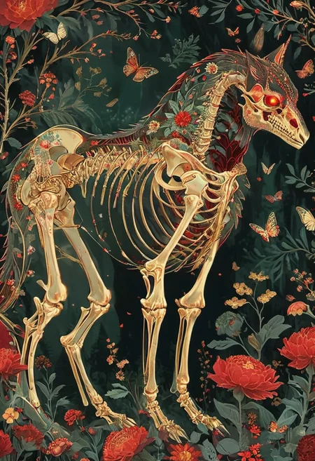 ral-granlum, flat illustration of a monster intricate red floral patterns adorning its skeletal structure, facing to the right. The creature stands amidst a serene forest backdrop, surrounded by various trees, flowers, and butterflies. Its body is outlined with metallic gold. The color palette is dominated by soft pastels, with the creature's skeleton being the most prominent feature, contrasting beautifully with the floral elements.