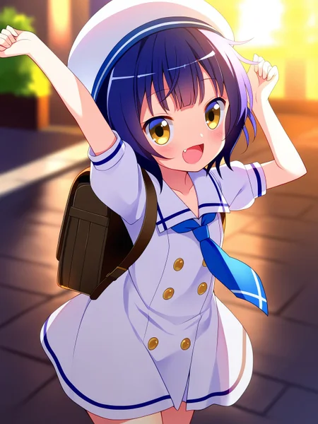 best quality,ultra-detailed,illustration,an extremely delicate and beautiful,(noise clear),(Intricate),(Hires.fix),outdoors, BREAK
1girl,smile,happy, gochuumon wa usagi desu ka?,jouga_maya,short hair,blue hair,
:d,arm up,blue necktie,blurry background,blush,brown bag,backpack,collarbone,cowboy shot,fang,looking at viewer,necktie,puffy sleeves, sailor collar,short sleeves,white dress,white hat,white sailor collar,yellow eyes,<lora:r0tary_eng1ne:1> r0tary_eng1ne, BREAK