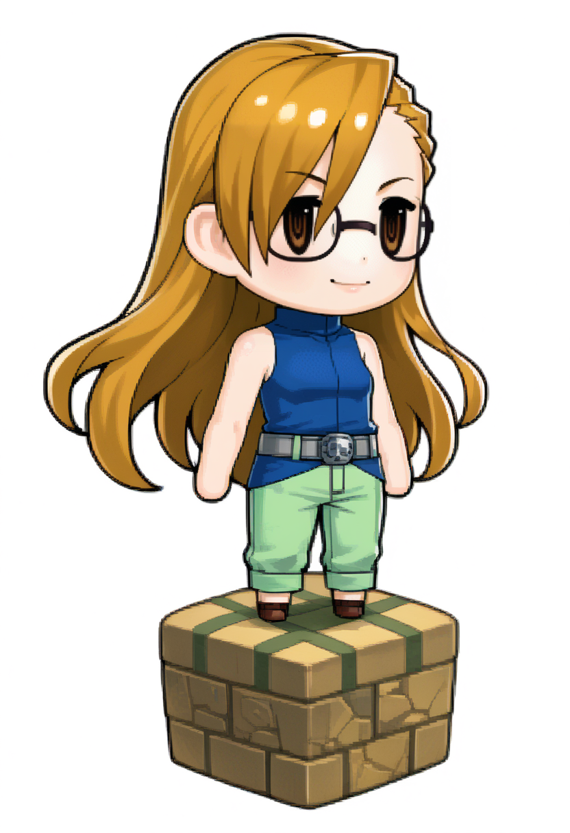score_9, score_8_up, score_7_up, source_anime, 1girl, solo, smile
<lora:zs_PictlogicaStyleXL:1> ffpictlogicastyle, chibi, full body, faux figurine, white background
 <lora:AdrianAA-pdxl:1> andrews, blonde hair, long hair, asymmetrical bangs, brown eyes, glasses, sleeveless shirt, blue shirt, turtleneck, grey belt, green pants,