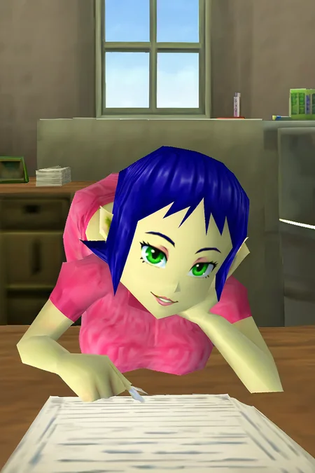 low poly, an animated character,  BREAK 1girl, bombchu girl, green eyes, large breasts, bedroom eyes, parted lips, smile, purple hair, blue hair, short hair, parted bangs, pink outfit, midriff, head rest
in an office with window and papers, 
<lora:Ocarina64_low_poly:1.0>