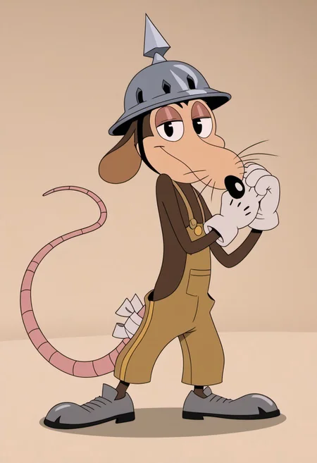 score_9, score_7_up, (masterpiece, extreme detail, best quality), solo focus, male, Werner Werman, mouse, black eyes, brown fur, whiskers, pointy nose, spiked helmet, rat tail, light brown overalls, lederhosen, grey footwear, grey shoes, perfect hands, white gloves, gloves, full-length portrait, skinny, petite, smile, half-closed eyes, smug, looking at viewer, flirty, sexy pose, source_photo, extremely detailed, pattern background, shadow, shading, realistic, bandaged tail