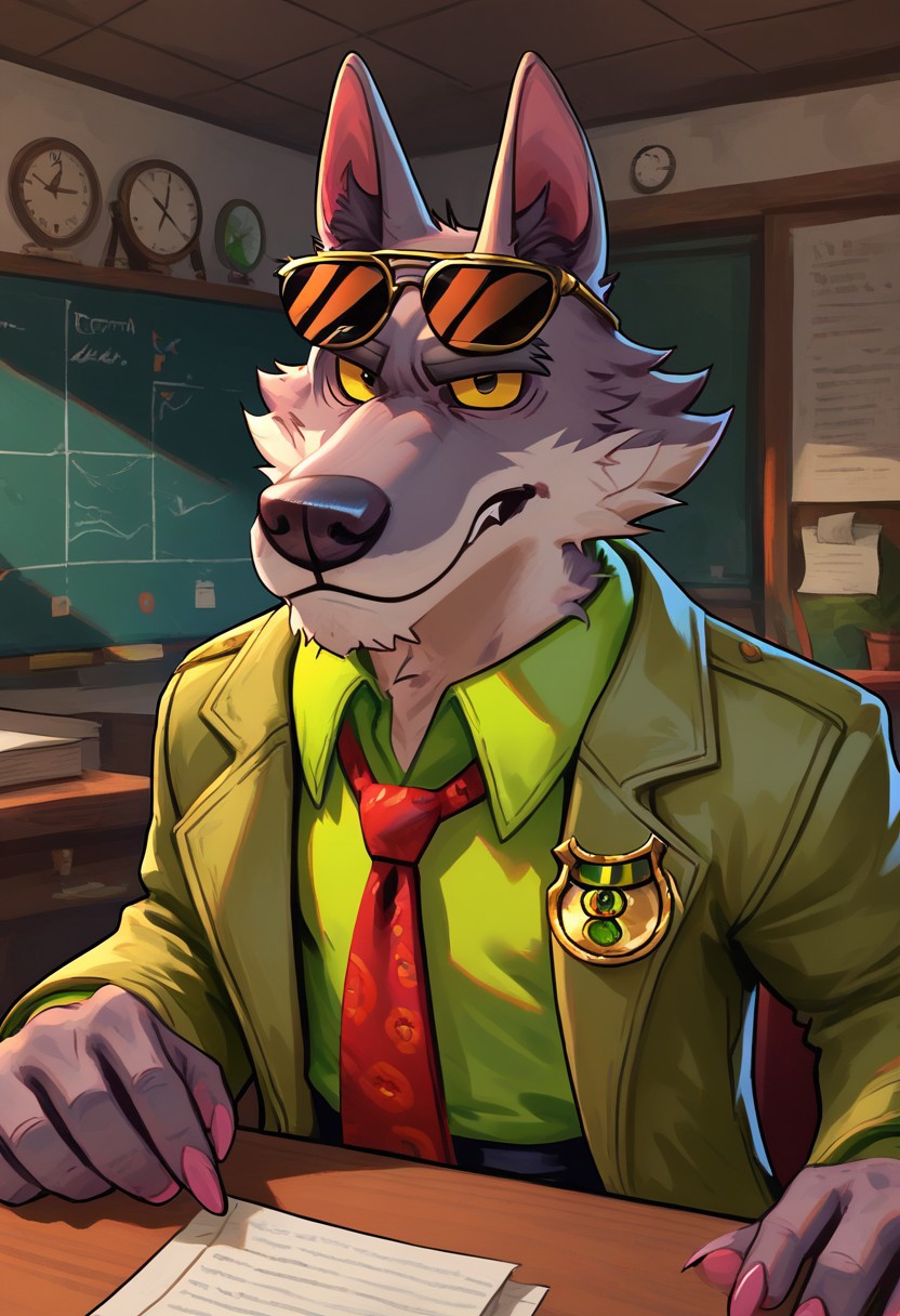 score_9_up, score_8_up, score_7_up, masterpiece, best quality, amazing quality, very aesthetic, absurdres, newest,  high quality, detailed, male, solo male, DaleDonovan, 1boy, mature male, male, anthro, wolf, broad shoulders, scruffy, gray fur, light tan underbelly, black eyes, yellow sclera, thick eyebrows, animal ears, green collared shirt, red tie, tan jacket, detective, sunglasses on forehead, black pants, half body, indoors, sitting at desk, papers on desk, looking at viewer, one raised eyebrow