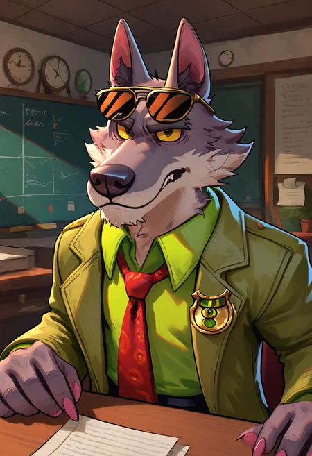 score_9_up, score_8_up, score_7_up, masterpiece, best quality, amazing quality, very aesthetic, absurdres, newest, high quality, detailed, male, solo male, DaleDonovan, 1boy, mature male, male, anthro, wolf, broad shoulders, scruffy, gray fur, light tan underbelly, black eyes, yellow sclera, thick eyebrows, animal ears, green collared shirt, red tie, tan jacket, detective, sunglasses on forehead, black pants, half body, indoors, sitting at desk, papers on desk, looking at viewer, one raised eyebrow