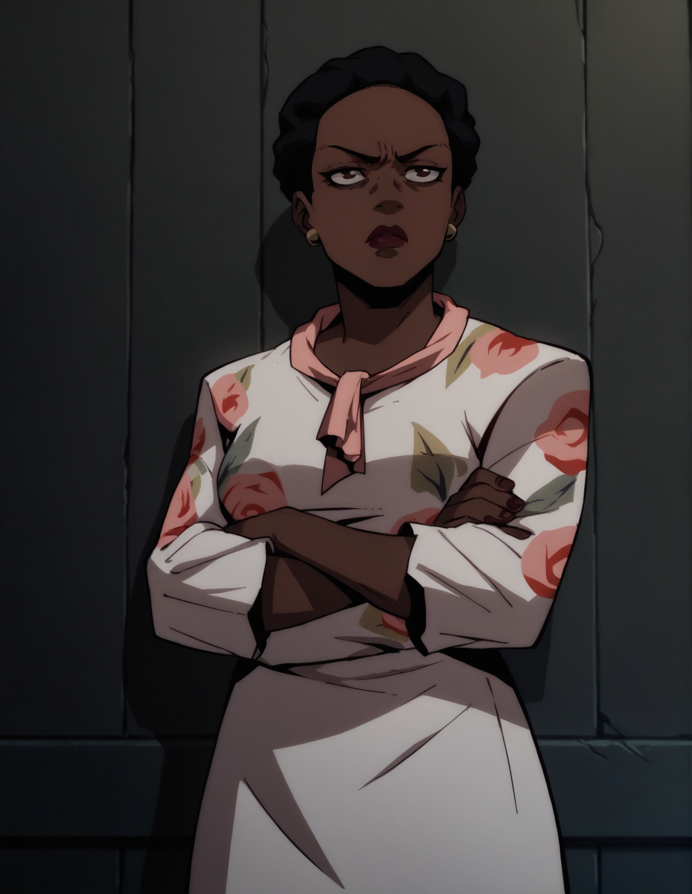 1girl, portrait, dress, crossed arms, dark background, indoors, short hair, dark skin, solo <lora:Amanda_Waller:1> waller, score_9, score_8_up, score_7_up, score_6_up