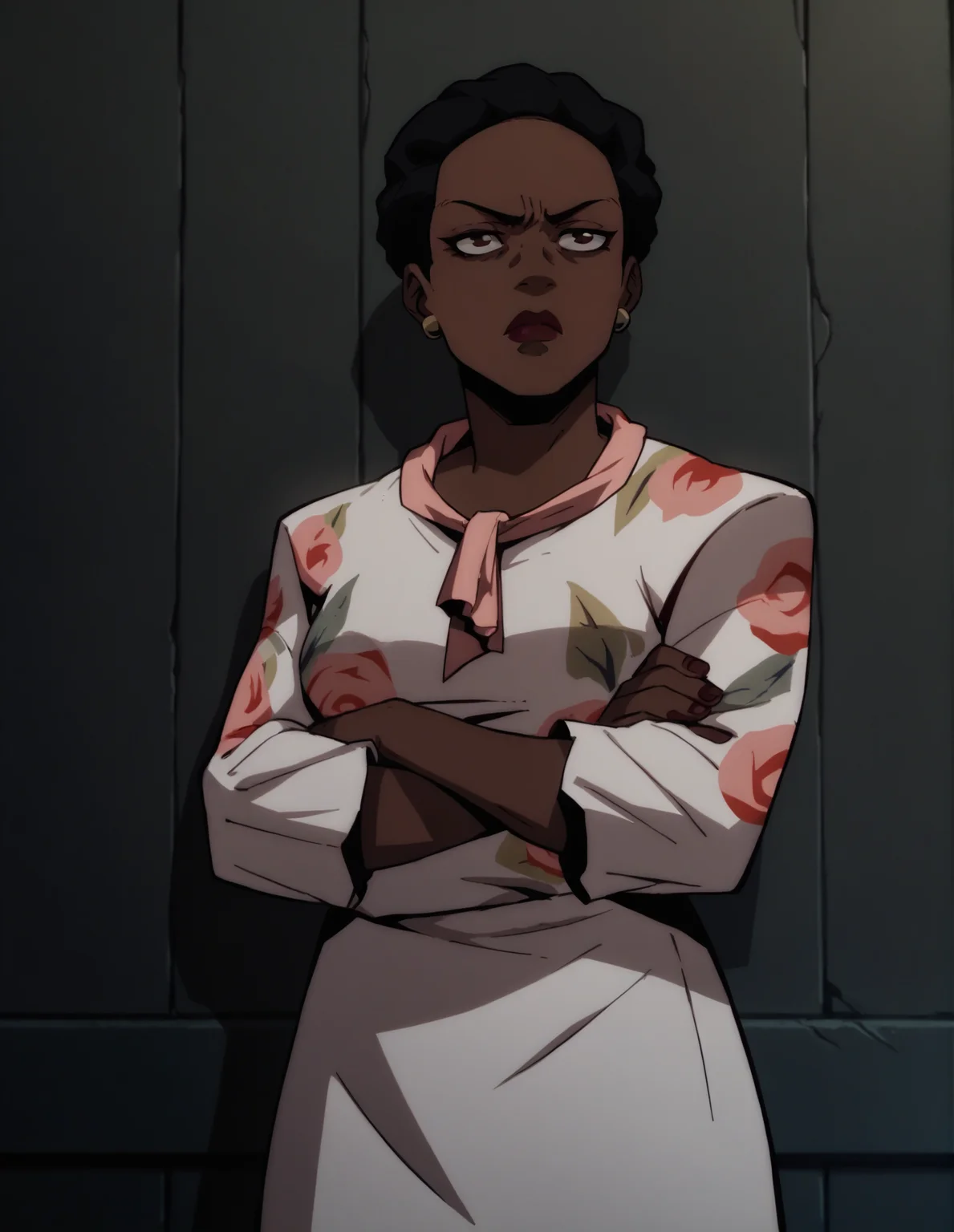 1girl, portrait, dress, crossed arms, dark background, indoors, short hair, dark skin, solo <lora:Amanda_Waller:1> waller, score_9, score_8_up, score_7_up, score_6_up