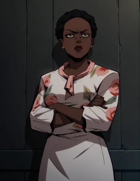 1girl, portrait, dress, crossed arms, dark background, indoors, short hair, dark skin, solo <lora:Amanda_Waller:1> waller, score_9, score_8_up, score_7_up, score_6_up