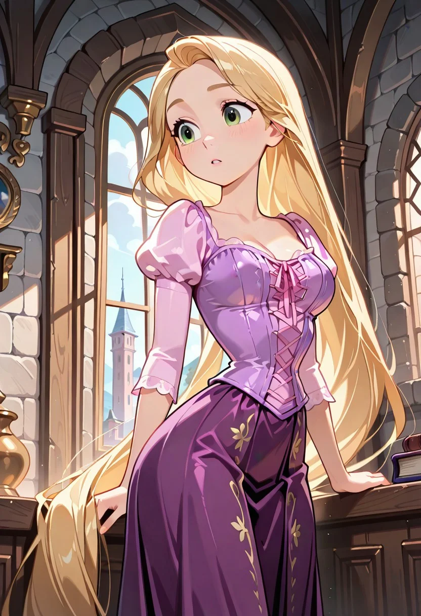 anime, masterpiece, best quality, detailed background, 8k, detailed face, beautiful eyes, mature,
inside, medieval room, tower, window, stone wall, looking out window, very long hair,
hair falling down tower,
BREAK,
green eyes, blonde hair, very long hair, purple dress, corset, juliet sleeves, puffy shoulders, medium breasts, rapunzelxd