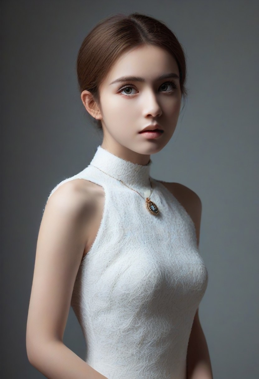 Masterpiece, best quality, 1girl, portrait, face focus, beautiful eyes, stoic, model, porcelain marble skin, white pamcocomat dress, jewelry, kwf, intense stare, dramatic lighting, backlit