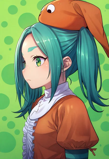 (zPDXL3),
(zPDXLxxx),
1girl,
solo,
ononoki yotsugi, highres, twintails, aqua hair, green eyes, thick eyebrows, orange headwear, orange dress, striped thighhighs, expressionless,
bust up,
side view,
