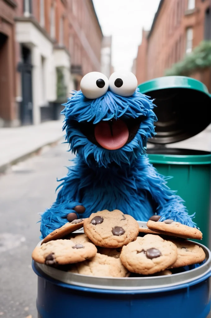 photograph head portrait of blue fluffy fur Cookie monster holding a bitten off cookie,, looks with a grin at viewer, (lot of cookie crumbled ), detailed photograph shot on kodak, high depth of field, background of a street (metallic rubbish bin)