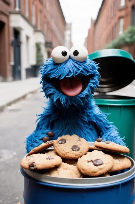 photograph head  portrait of blue fluffy fur Cookie monster holding a bitten off cookie,, looks with a grin at viewer, (lot of cookie crumbled ), detailed photograph shot on kodak, high depth of field, background of a street (metallic rubbish bin)