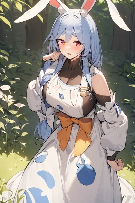masterpiece, best quality, 1girl, mature female, <lora:sppekomamadefXL:1> pekomamadef, thick eyebrows, bunny-shaped pupils, rabbit ears, animal ear fluff, apron, dress, detached sleeves, bow, foliage, grass, light, outdoors