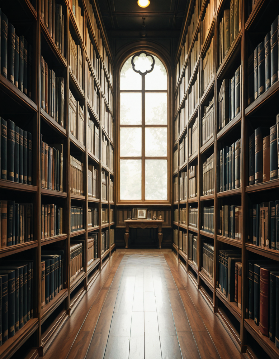 A quiet and dimly lit aisle in a grand university library, lined with tall wooden bookshelves filled with countless books of various sizes and colors. The shelves stretch high, nearly reaching the ceiling, with small ladders placed along the aisle for access to the upper rows. The soft glow of overhead lights casts a warm ambiance, illuminating the dust particles floating in the air. The floor is covered in polished hardwood or a subtle-patterned carpet, absorbing the quiet footsteps of visitors. At the far end of the aisle, a large window lets in a gentle stream of natural light, creating a contrast between the warm artificial glow and the cool daylight. Some books are slightly pulled out from the shelves, and a few are stacked on a nearby wooden table, suggesting recent use. The atmosphere is serene and intellectual, evoking a sense of knowledge, discovery, and timeless academia. The composition is symmetrical, drawing the eye down the center of the aisle, creating depth and perspective.
<lora:SDXLFaeTastic2400:0.4> <lora:extremely_detailed:0.4> extremely detailed, <lora:University_Library_41sl3-ill:1>,University Library 41sl3, Masterpiece,best quality,hi res,8k,hi res,8k,award winning,(sharp focus, intricate, highly detailed),