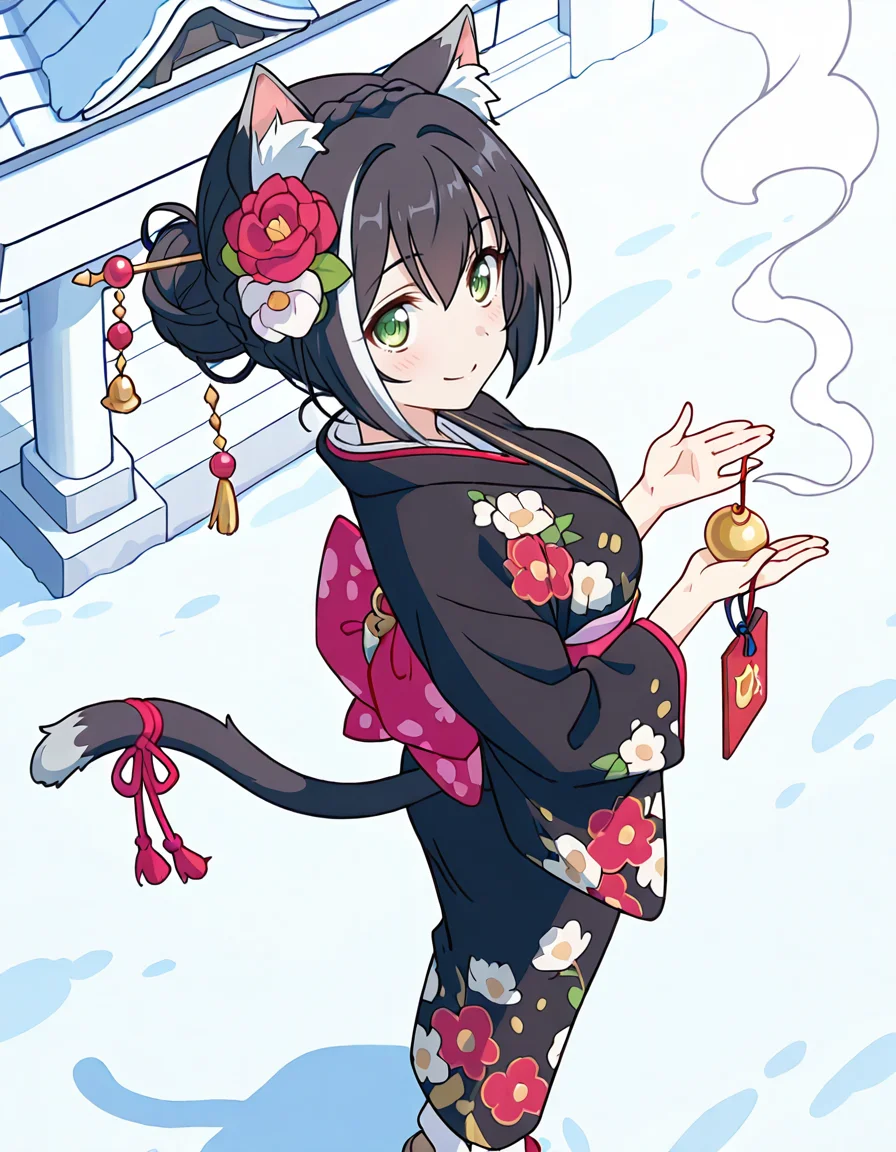 (karyl (new year),streaked hair,multicolored hair,black hair,white hair,hair bun,white hair flower,braid,bangs,green eyes,cat girl,animal ear fluff,cat ears,cat tail,black kimono,floral print kimono,obi,tail ornament,1girl,smile),day,New Year shrine visit, traditional Japanese temple, torii gate covered in snow, visitors wearing kimonos, winter sky, ringing the bell, incense smoke rising, hanging ema plaques, sacred ropes and white paper streamers, lanterns glowing softly, prayers being made, snow-covered stone lanterns, serene and respectful atmosphere,
(from above,from side:2) ,
looking at viewer,
medium breasts,
perky breasts,realistic proportions,natural looking breasts,explicit,hair between eyes,strong outlines,clean lineart,harsh lines,slim,curvy,(narrow waist:0.1), wide hips,thick thighs,detailed body,skindentation,matte skin,smooth skin,deep skin,soft brightness,detailed mouth,kawaii,moe face,
(anime screencap),(anime coloring:1.2),anime style, Japanese anime, cel-shading, clean lineart, vibrant colors, sharp facial features, 2D illustration, anime screencap style,anime background scenery,detailed linework,intricate details,(masterpiece,best quality,amazing quality),IllusP0s,(very aesthetic,absurdres:1.2),16k,highres,perfect hands,five fingers,detailed hands,
<lora:ããªã³ã»ã¹ã³ãã¯ãReDiveãã£ã«illustriousPrincess_Connect_ReDivekarylillustrious:1:0.8>