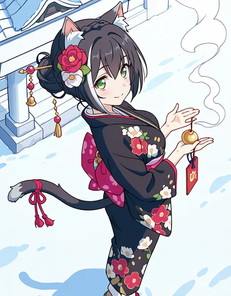 (karyl (new year),streaked hair,multicolored hair,black hair,white hair,hair bun,white hair flower,braid,bangs,green eyes,cat girl,animal ear fluff,cat ears,cat tail,black kimono,floral print kimono,obi,tail ornament,1girl,smile),day,New Year shrine visit, traditional Japanese temple, torii gate covered in snow, visitors wearing kimonos, winter sky, ringing the bell, incense smoke rising, hanging ema plaques, sacred ropes and white paper streamers, lanterns glowing softly, prayers being made, snow-covered stone lanterns, serene and respectful atmosphere,
(from above,from side:2) ,
looking at viewer,
medium breasts,
perky breasts,realistic proportions,natural looking breasts,explicit,hair between eyes,strong outlines,clean lineart,harsh lines,slim,curvy,(narrow waist:0.1), wide hips,thick thighs,detailed body,skindentation,matte skin,smooth skin,deep skin,soft brightness,detailed mouth,kawaii,moe face,
(anime screencap),(anime coloring:1.2),anime style, Japanese anime, cel-shading, clean lineart, vibrant colors, sharp facial features, 2D illustration, anime screencap style,anime background scenery,detailed linework,intricate details,(masterpiece,best quality,amazing quality),IllusP0s,(very aesthetic,absurdres:1.2),16k,highres,perfect hands,five fingers,detailed hands,
<lora:ããªã³ã»ã¹ã³ãã¯ãReDiveãã£ã«illustriousPrincess_Connect_ReDivekarylillustrious:1:0.8>